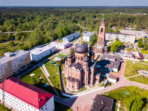 Guslitsky Transfiguration Monastery of city Kourovskoe from helicopter. Moscow region. Russia photo