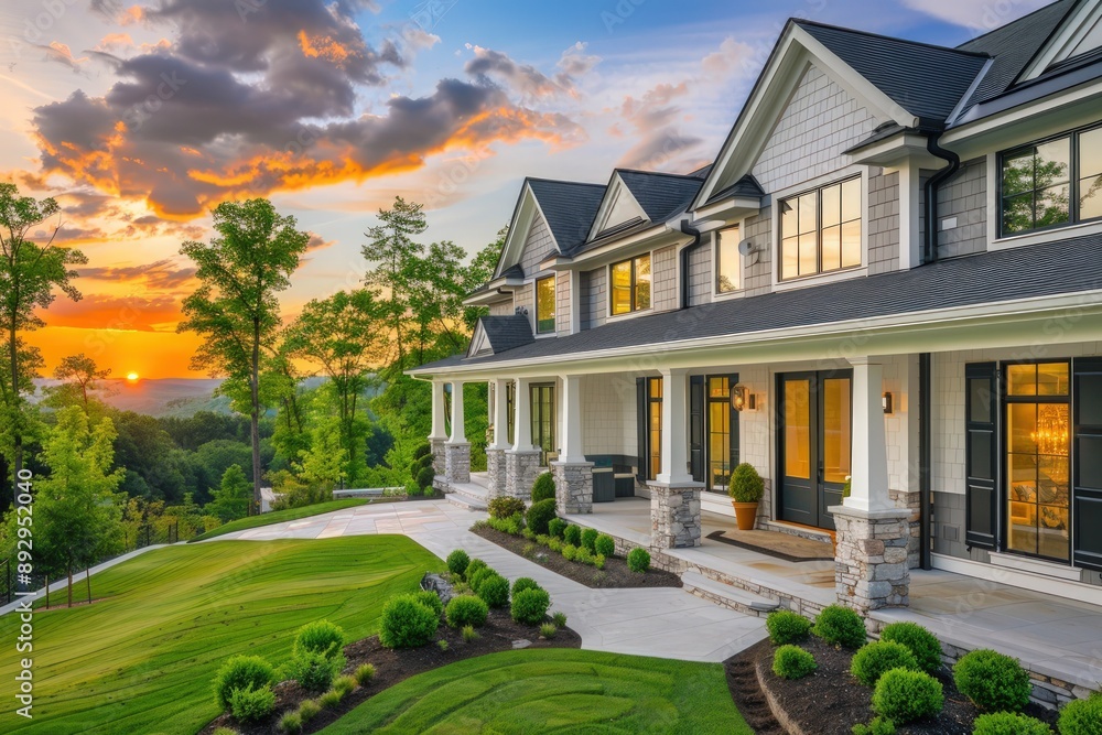 Wide-angle sunset shot of a luxury home with a spacious front porch, grey shingle walls, white stone details, black shutters, lush green lawn, and trees. Wide-angle sunset shot of a luxury home with a spacious front porch, grey shingle walls, white stone details, black shutters, lush green lawn, and trees.