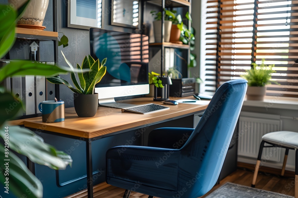 Modern Home Office with Blue Chair and Desk Modern Home Office with Blue Chair and Desk