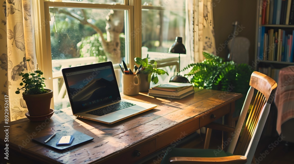Sunlight Bathes a Home Office Desk with Warm Hues Sunlight Bathes a Home Office Desk with Warm Hues
