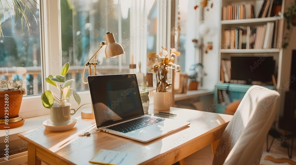 Laptop on a Desk by a Window in a Sunny Home Office Laptop on a Desk by a Window in a Sunny Home Office