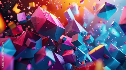 A vibrant 3D background featuring colorful geometric shapes and dynamic lighting effects