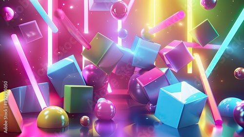 A vibrant 3D background featuring colorful geometric shapes and dynamic lighting effects