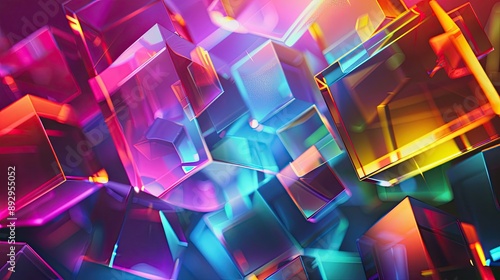 A vibrant 3D background featuring colorful geometric shapes and dynamic lighting effects