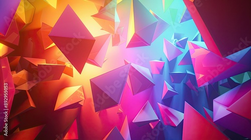 A vibrant 3D background featuring colorful geometric shapes and dynamic lighting effects