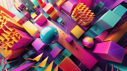 A vibrant 3D background featuring colorful geometric shapes and dynamic lighting effects