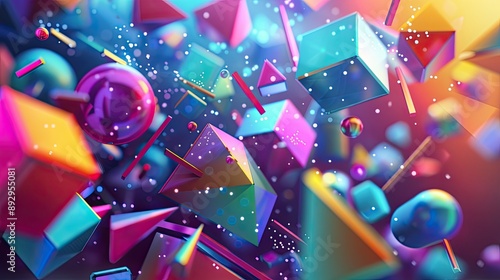 A vibrant 3D background featuring colorful geometric shapes and dynamic lighting effects