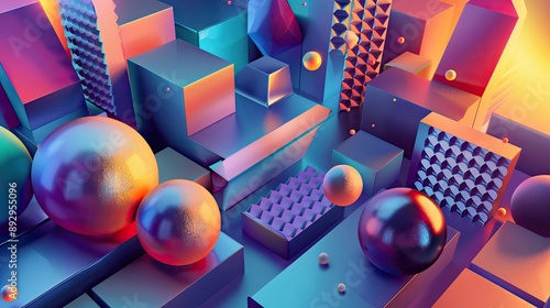 A vibrant 3D background featuring colorful geometric shapes and dynamic lighting effects