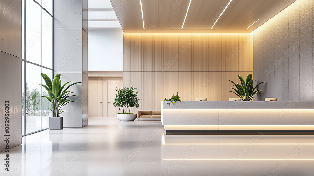a modern office lobby with clean lines and soft colors, professional and inviting a modern office lobby with clean lines and soft colors, professional and inviting