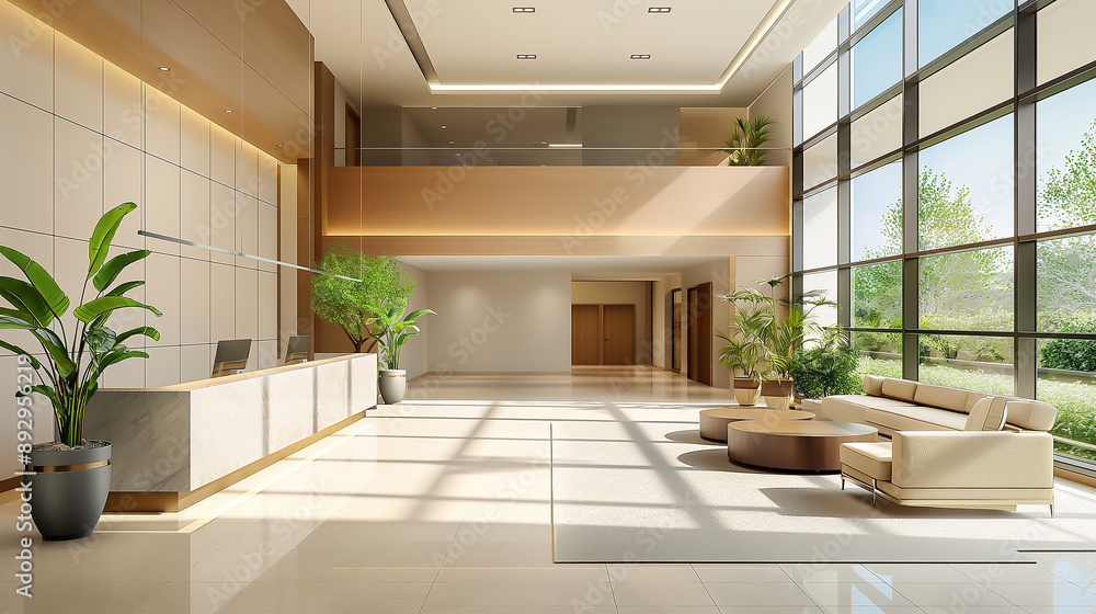 a modern office lobby with clean lines and soft colors, professional and inviting a modern office lobby with clean lines and soft colors, professional and inviting