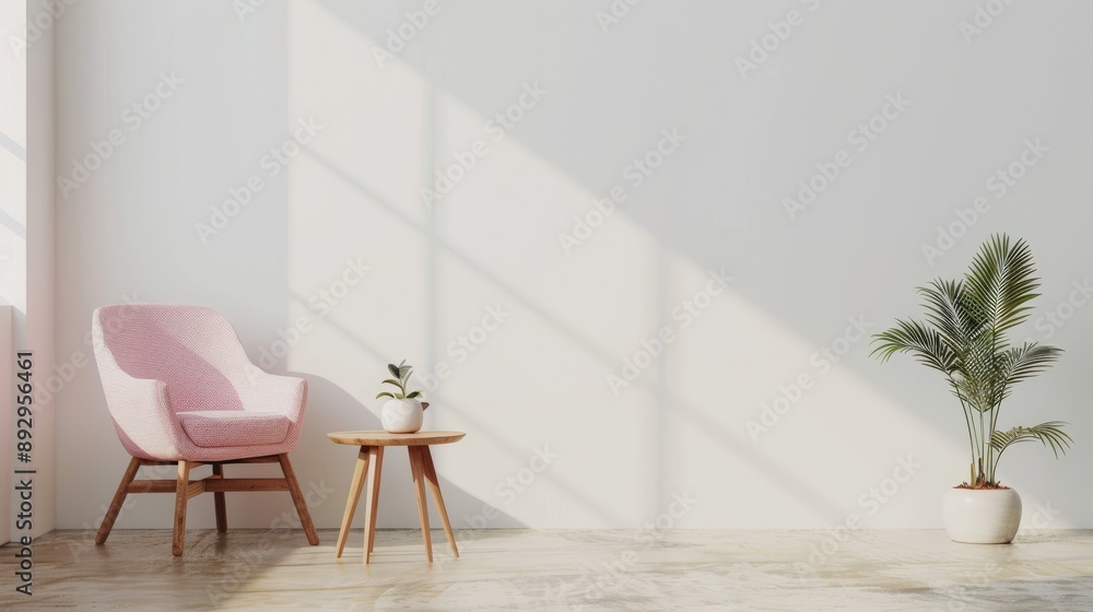 Fototapeta premium Simple living room with wooden table and pink chair against empty wall