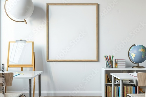 A white blank frame hung on the wall in a school interior with two desks, books, a globe, and drawing supplies. A teacher's desk was also present. A wide empty whiteboard was available 