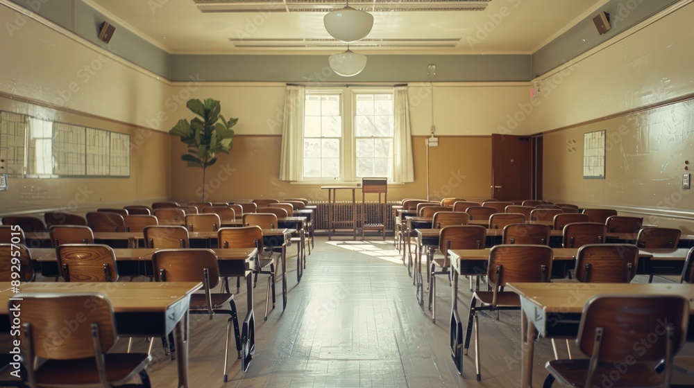 An empty high school classroom with rows of wooden desks and chairs, creating an atmosphere An empty high school classroom with rows of wooden desks and chairs, creating an atmosphere