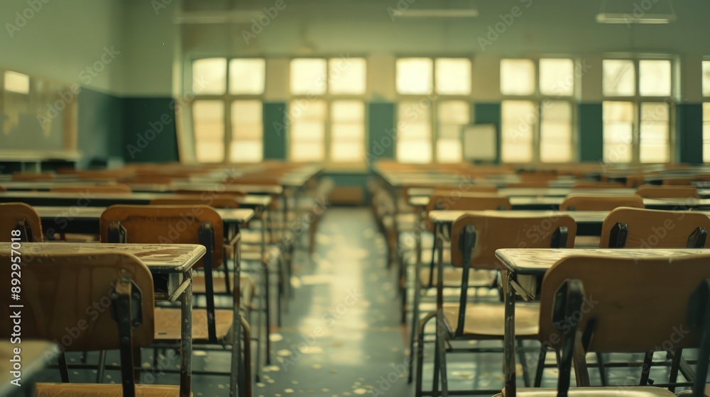 An empty high school classroom with rows of wooden desks and chairs, creating an atmosphere An empty high school classroom with rows of wooden desks and chairs, creating an atmosphere