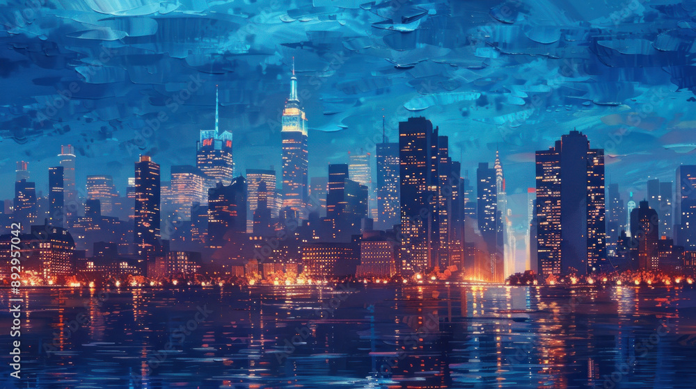 Obraz premium Vibrant Night Skyline of a Modern City with Reflections