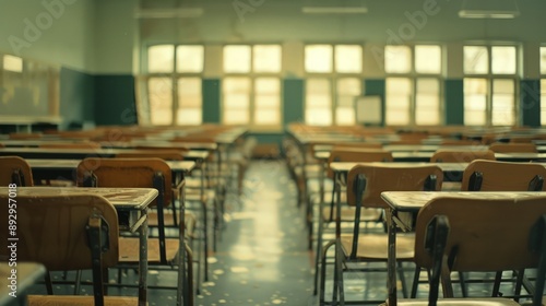 An empty high school classroom with rows of wooden desks and chairs, creating an atmosphere 