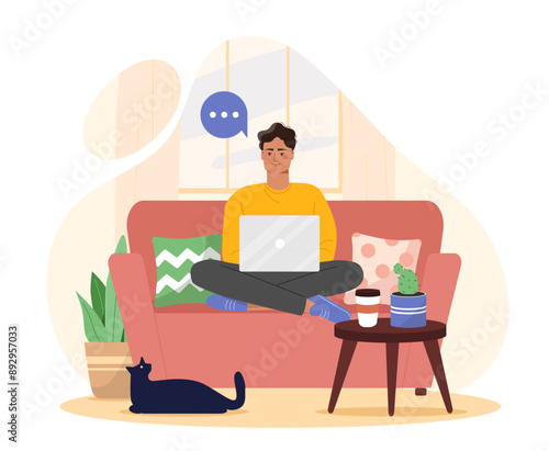 Freelance worker man. Young guy with laptop makes money on Internet. Remote worker and freelancer work from home. Person with online earnings. Flat vector illustration isolated on white background
