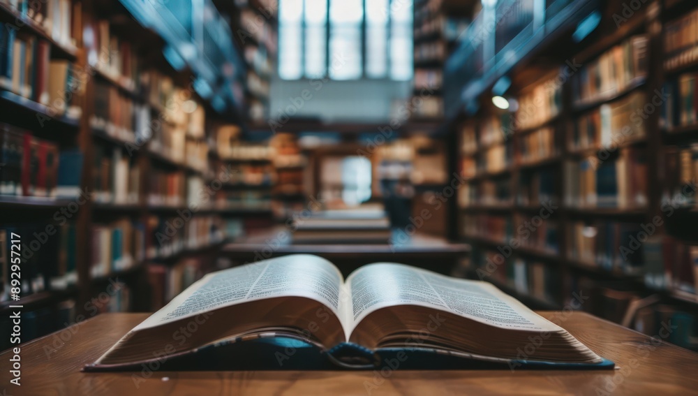 Fototapeta premium An open book lies on a table in a library with a blurred background of shelves full shelves of books. Sunlight streams through a skylight window, illuminating the pages