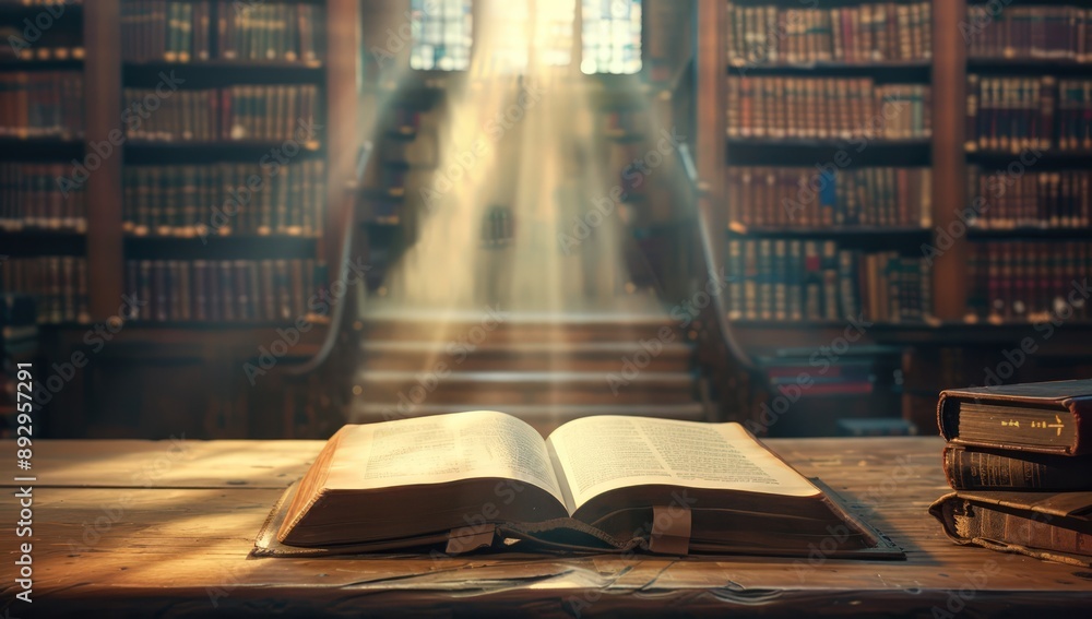 An open book on the table in front of shelves with books, with a blurred background of an old library An open book on the table in front of shelves with books, with a blurred background of an old library
