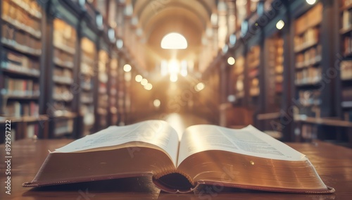 An open book lies on a table in a library with a blurred background of shelves full shelves of books. Sunlight streams through a skylight window, illuminating the pages