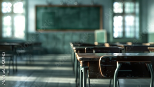 Blurred empty classroom background with school desks and chairs, books on the desks, green chalkboard in blur for copy space or educational concept. Softly focused. Close-up view. 3D illustration