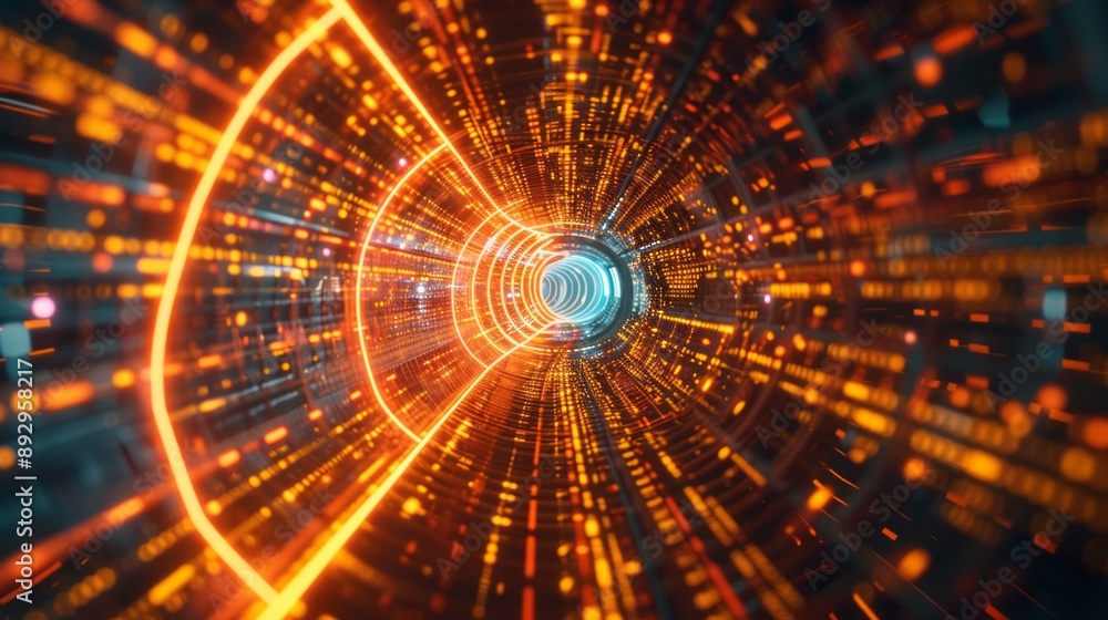 Obraz premium Abstract futuristic technology abstract background with lines for network, big data, data center, server, internet, speed. yellow and red neon lights into digital technology tunnel