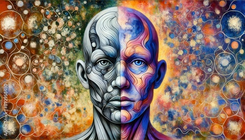 Intricate Artwork Illustration of Human and Cyborg Fusion with Psychedelic and Cosmic Background, Symbolizing Duality and Technological Integration photo