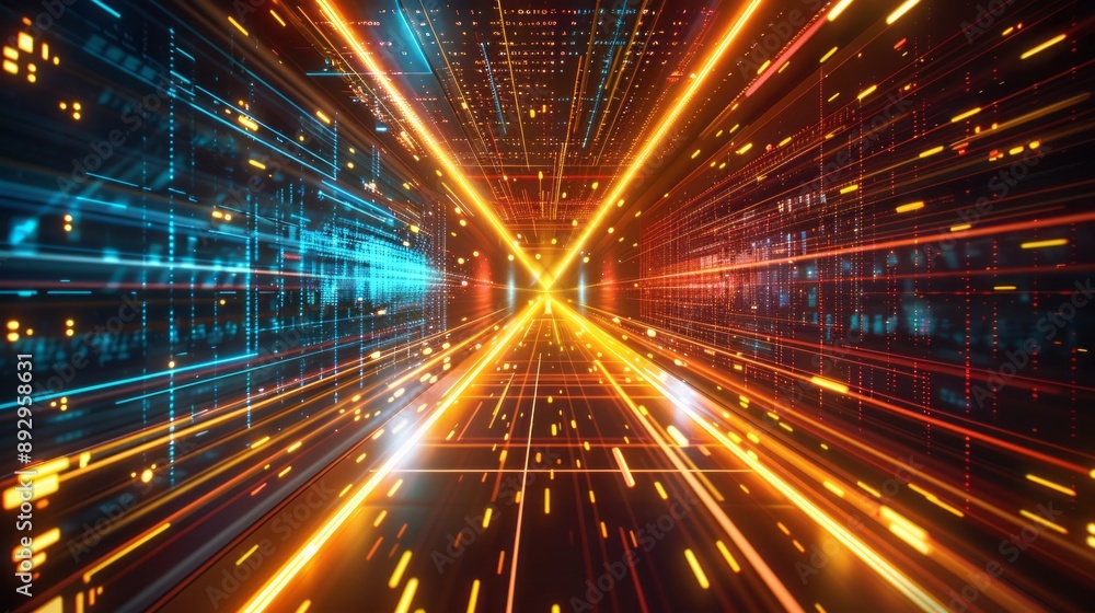 Fototapeta premium Abstract futuristic technology abstract background with lines for network, big data, data center, server, internet, speed. yellow and red neon lights into digital technology tunnel