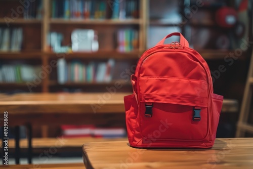 Red backpack on wooden desk in school classroom, closeup, blurred background with bookshelves and desks. School bag or satchel for children education concept