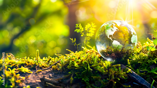 Globe of Earth in a Forest with Moss and Atmospheric Woodland Imagery