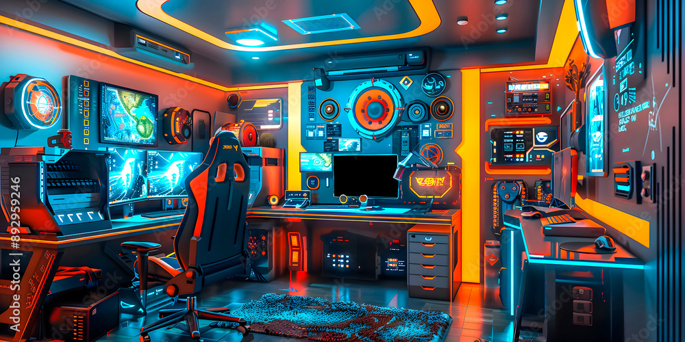 High-tech game room with a futuristic aesthetic; room with blue and orange neon lights, multiple monitors, high-end gaming peripherals, and various controls and devices. High-tech game room with a futuristic aesthetic; room with blue and orange neon lights, multiple monitors, high-end gaming peripherals, and various controls and devices.