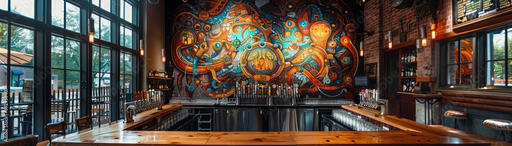 Obraz premium Artistic mural featuring beer-themed designs on the wall of a bar.