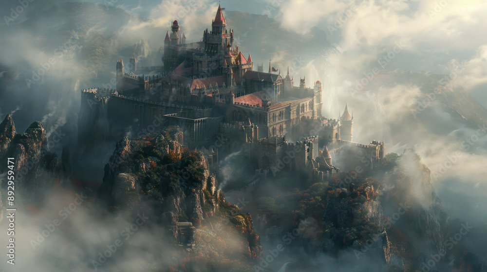 Fototapeta premium Majestic Castle on a Misty Mountain Peak Surrounded by Clouds
