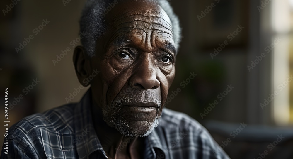 Senior black African American with dementia alzheimers mental disorder, degenerative disease on blurred home background Senior black African American with dementia alzheimers mental disorder, degenerative disease on blurred home background