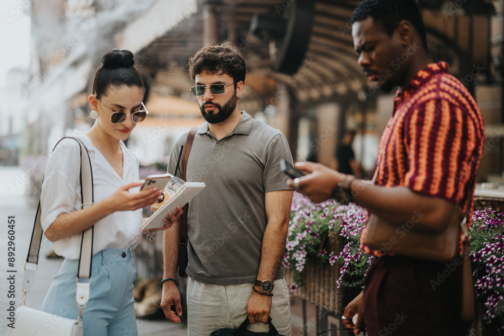 Group of business professionals engaging in a discussion while outdoors. They appear focused on a work-related task, using mobile devices and a tablet. Group of business professionals engaging in a discussion while outdoors. They appear focused on a work-related task, using mobile devices and a tablet.