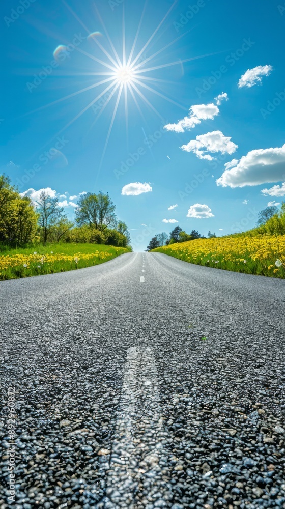 asphalt road panorama in countryside on sunny spring day.. Route in beautiful nature landscape with sun, blue sky, green grass and dandelions asphalt road panorama in countryside on sunny spring day.. Route in beautiful nature landscape with sun, blue sky, green grass and dandelions