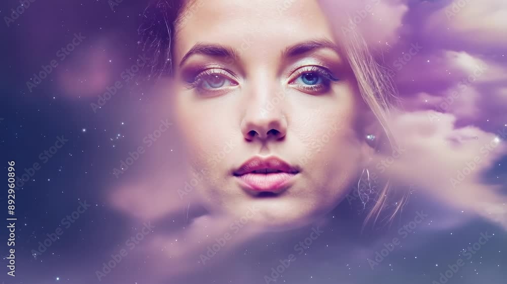 A celestial landscape of pastelcolored nebula clouds serves as a stunning background for a beauty portrait evoking a sense of wonder and awe. A celestial landscape of pastelcolored nebula clouds serves as a stunning background for a beauty portrait evoking a sense of wonder and awe.