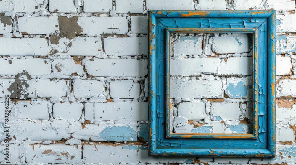 Naklejka premium Old blue frame on white brick wall with space for text