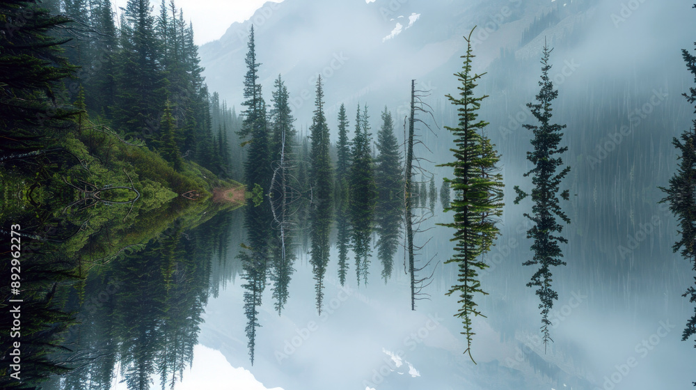Serene Misty Lake with Pine Tree Reflection Serene Misty Lake with Pine Tree Reflection