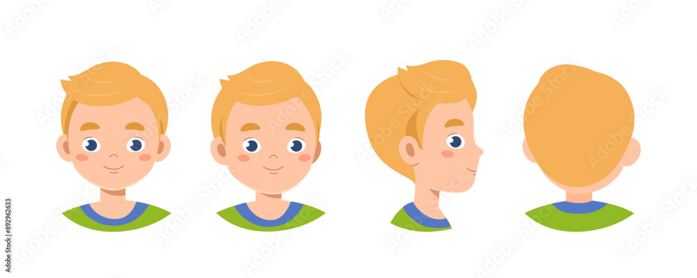 Set of boy heads. Blonde schoolboy from different angles of view. Pack of design elements for creating animations. Generator and constructor. Flat vector collection isolated on white background Set of boy heads. Blonde schoolboy from different angles of view. Pack of design elements for creating animations. Generator and constructor. Flat vector collection isolated on white background