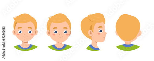 Set of boy heads. Blonde schoolboy from different angles of view. Pack of design elements for creating animations. Generator and constructor. Flat vector collection isolated on white background