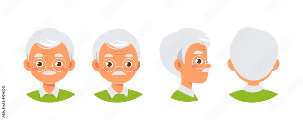 Set of old man heads. Elderly person in glasses from different angles of view. Pack of elements for creating animations. Senior and pensioner. Flat vector collection isolated on white background Set of old man heads. Elderly person in glasses from different angles of view. Pack of elements for creating animations. Senior and pensioner. Flat vector collection isolated on white background