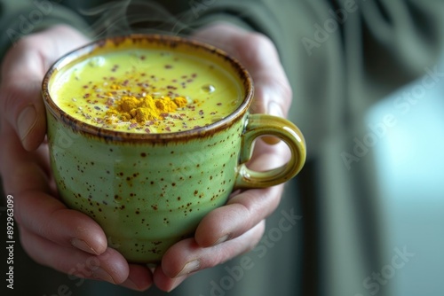 A person is holding a green mug with a yellow substance in it photo