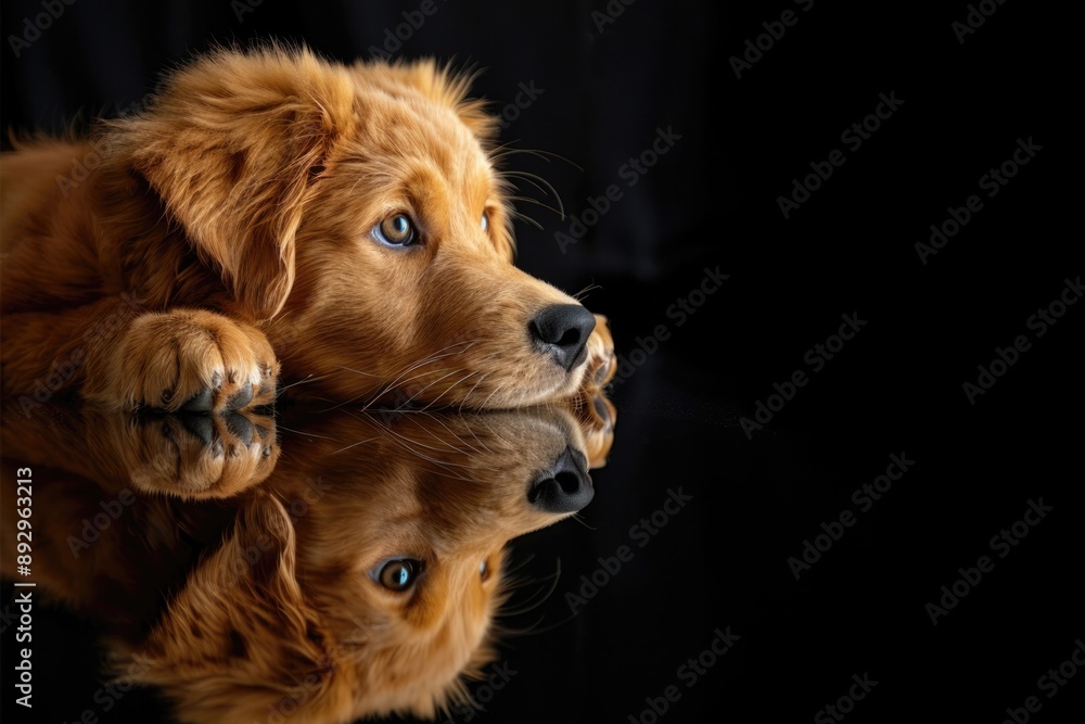 Obraz premium A dog is laying on a black surface with its head tilted to the side