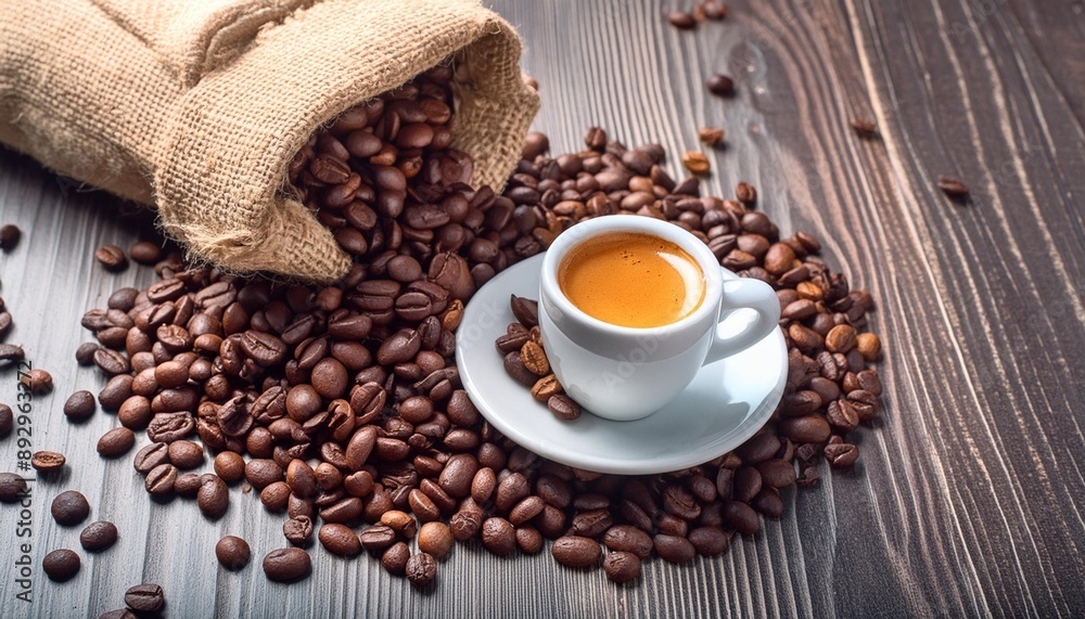 Espresso and Coffee Beans in burlap bag. Espresso in white square espresso cup surrounded by coffee beans spilling over from a burlap bag Espresso and Coffee Beans in burlap bag. Espresso in white square espresso cup surrounded by coffee beans spilling over from a burlap bag