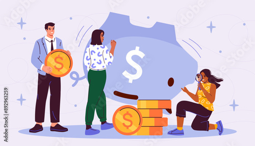 People with savings. Man and woman near inverted piggy bank. Young guy and girls with gold coins. Financial literacy, savings and budget. Flat vector illustration isolated on blue background