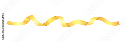 Shiny yellow, golden serpentine ribbon with curls isolated on white background. Hand drawn watercolor illustration. Holiday decoration for design, cards, invitations, congratulations, packaging, print