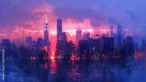 Abstract Cityscape at Sunset with Vibrant Colors