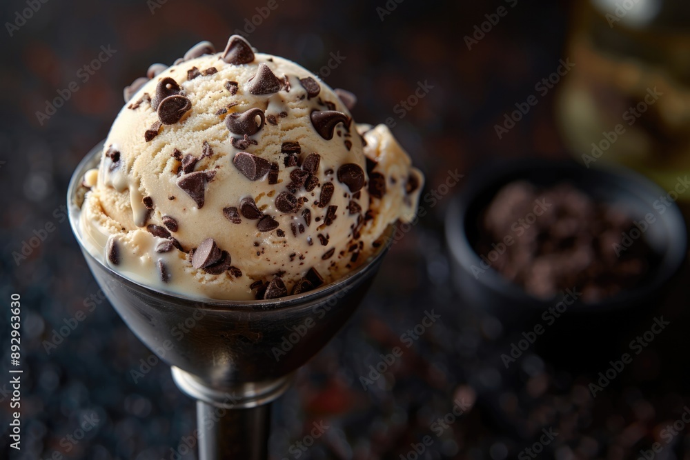 A scoop of ice cream with chocolate chips in a silver bowl A scoop of ice cream with chocolate chips in a silver bowl