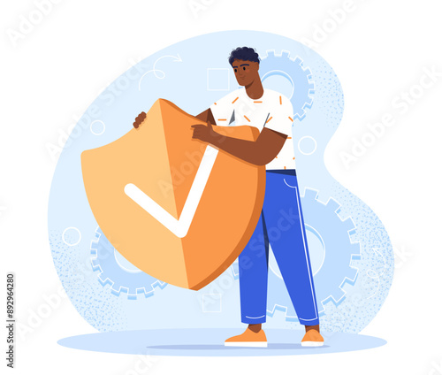 Online virus protection shield. Man with antivirus. Security of personal information on Internet. Preventing hacker attacks and viruses. Flat vector illustration isolated on white background